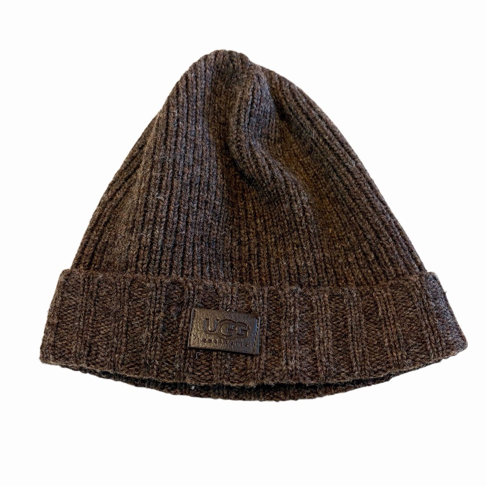 Ugg Lambs Wool Ribbed Knit Beanie Hat Brown Womens Unisex One Size Winter Fall